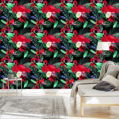 Wallpaper Flamingos Flowers Leaves Bedroom