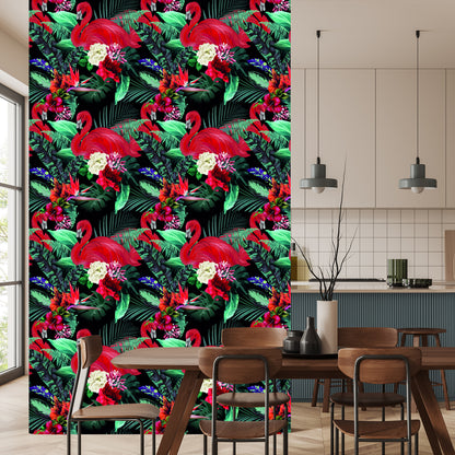 Wallpaper Flamingos Flowers Leaves Bedroom