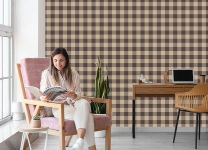 Wallpaper Fashionable Brown And Beige Vintage Check