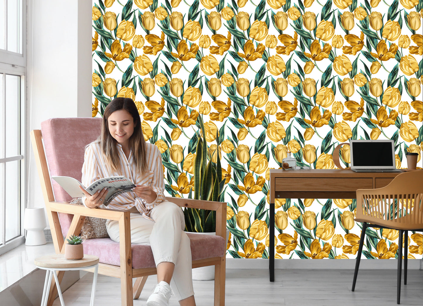 Wallpaper Yellow Tulips On White Background