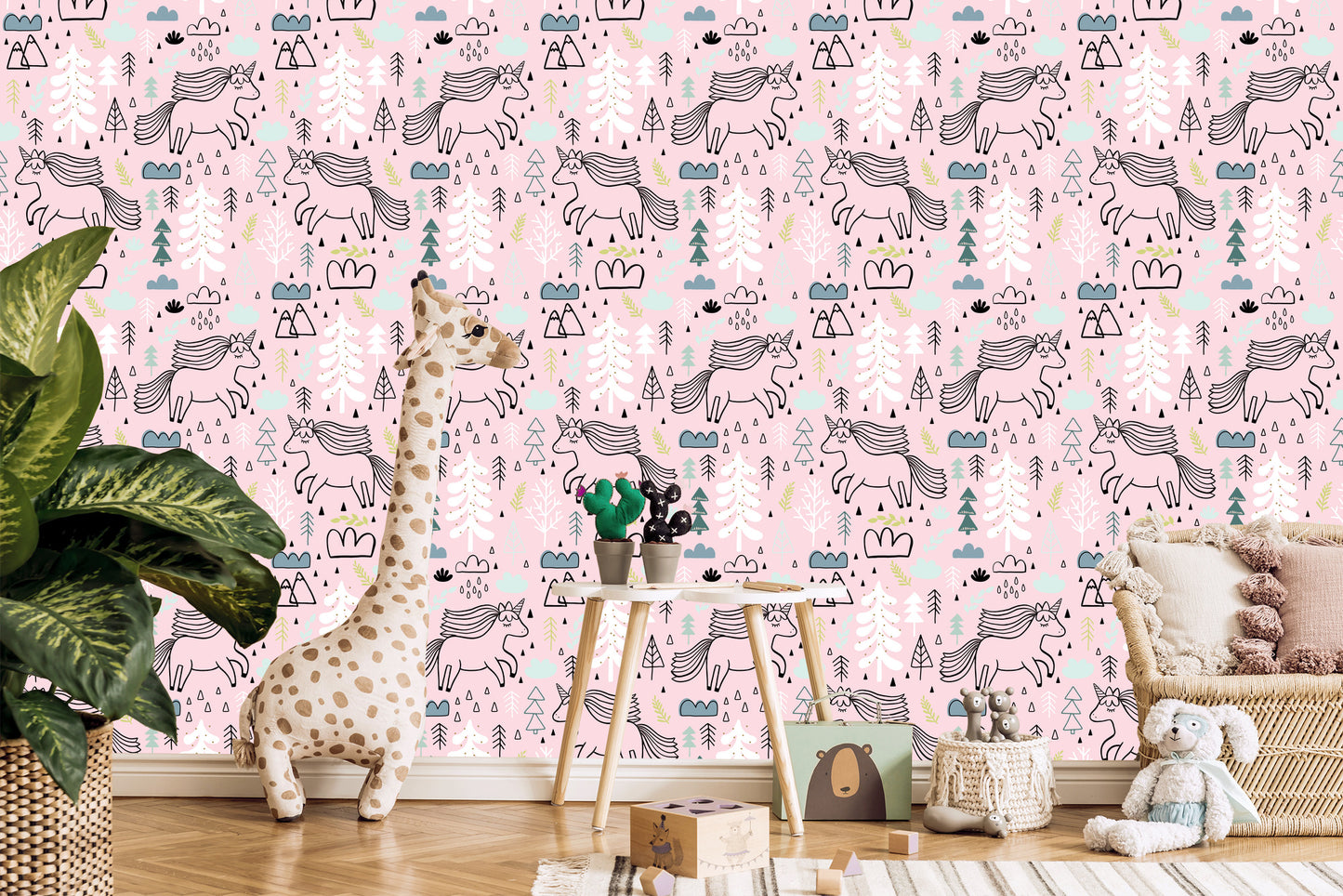 Wallpaper Unicorns On A Background Of Mountains, Trees And Clouds