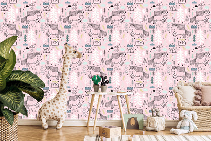 Wallpaper Unicorns On A Background Of Mountains, Trees And Clouds