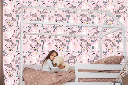 Wallpaper Unicorns On A Background Of Mountains, Trees And Clouds