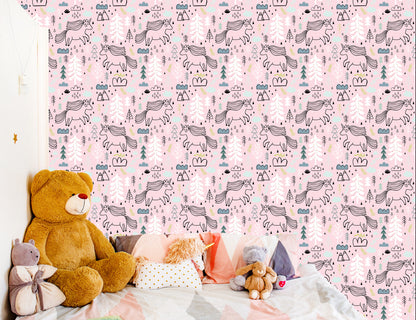 Wallpaper Unicorns On A Background Of Mountains, Trees And Clouds