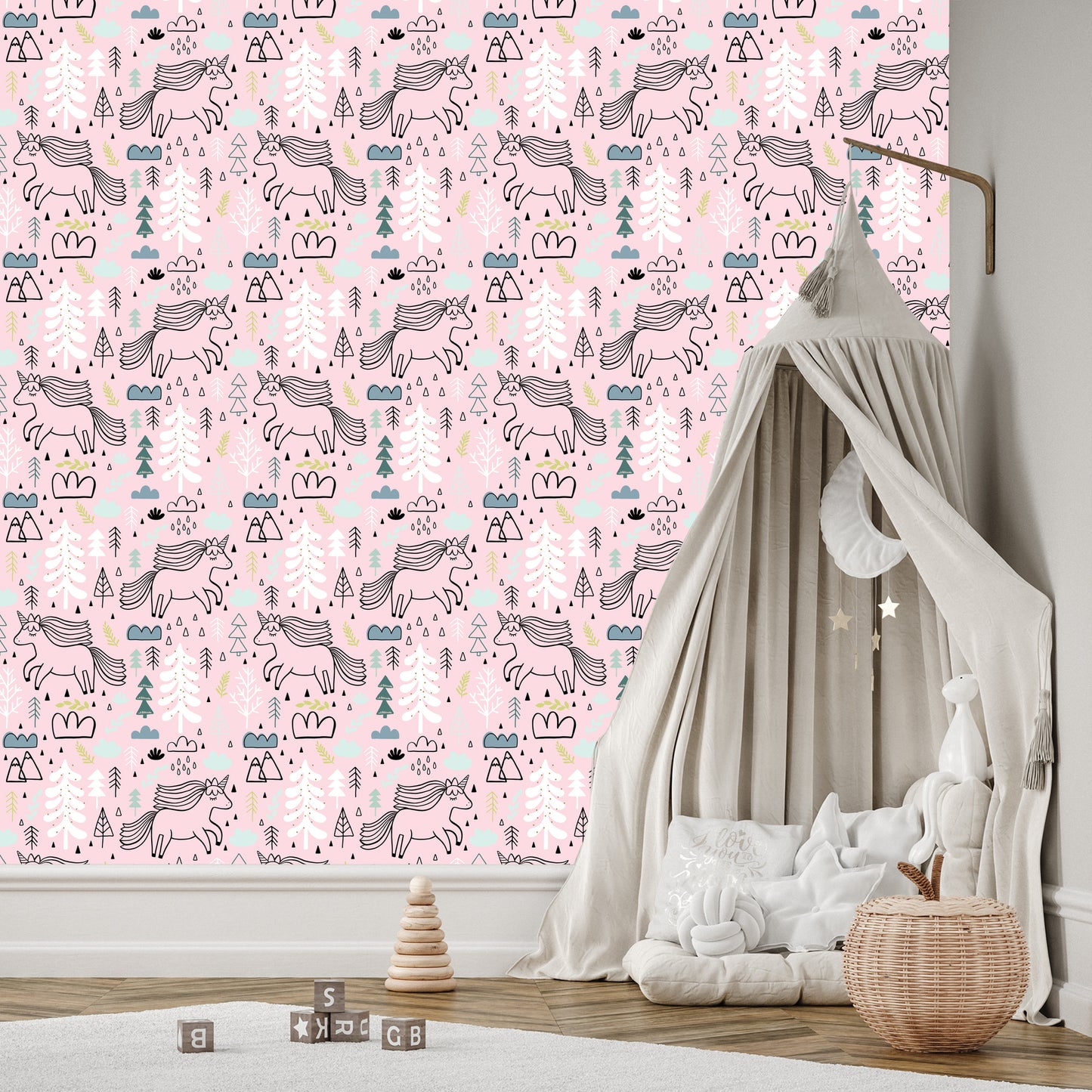 Wallpaper Unicorns On A Background Of Mountains, Trees And Clouds