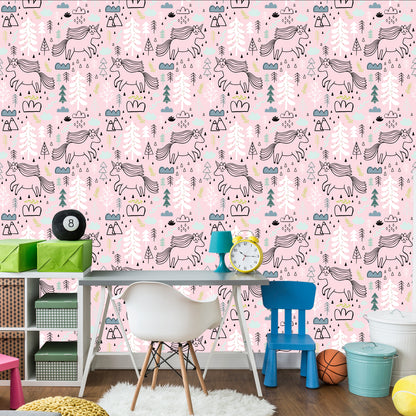 Wallpaper Unicorns On A Background Of Mountains, Trees And Clouds