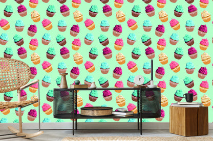 Wallpaper Colorful Cupcakes On Mint Background
