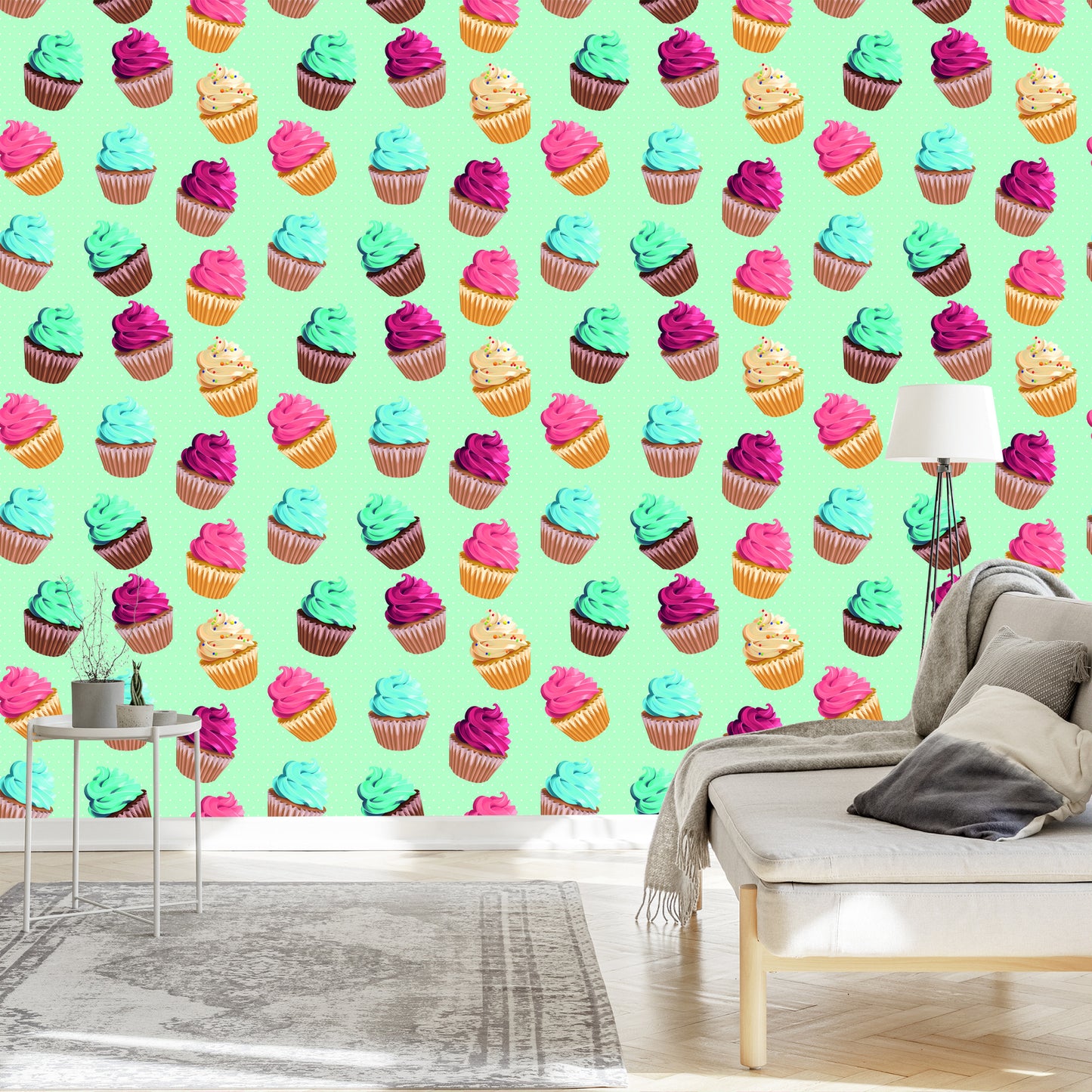 Wallpaper Colorful Cupcakes On Mint Background