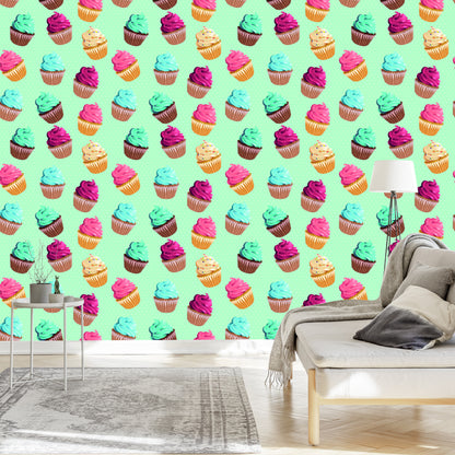 Wallpaper Colorful Cupcakes On Mint Background