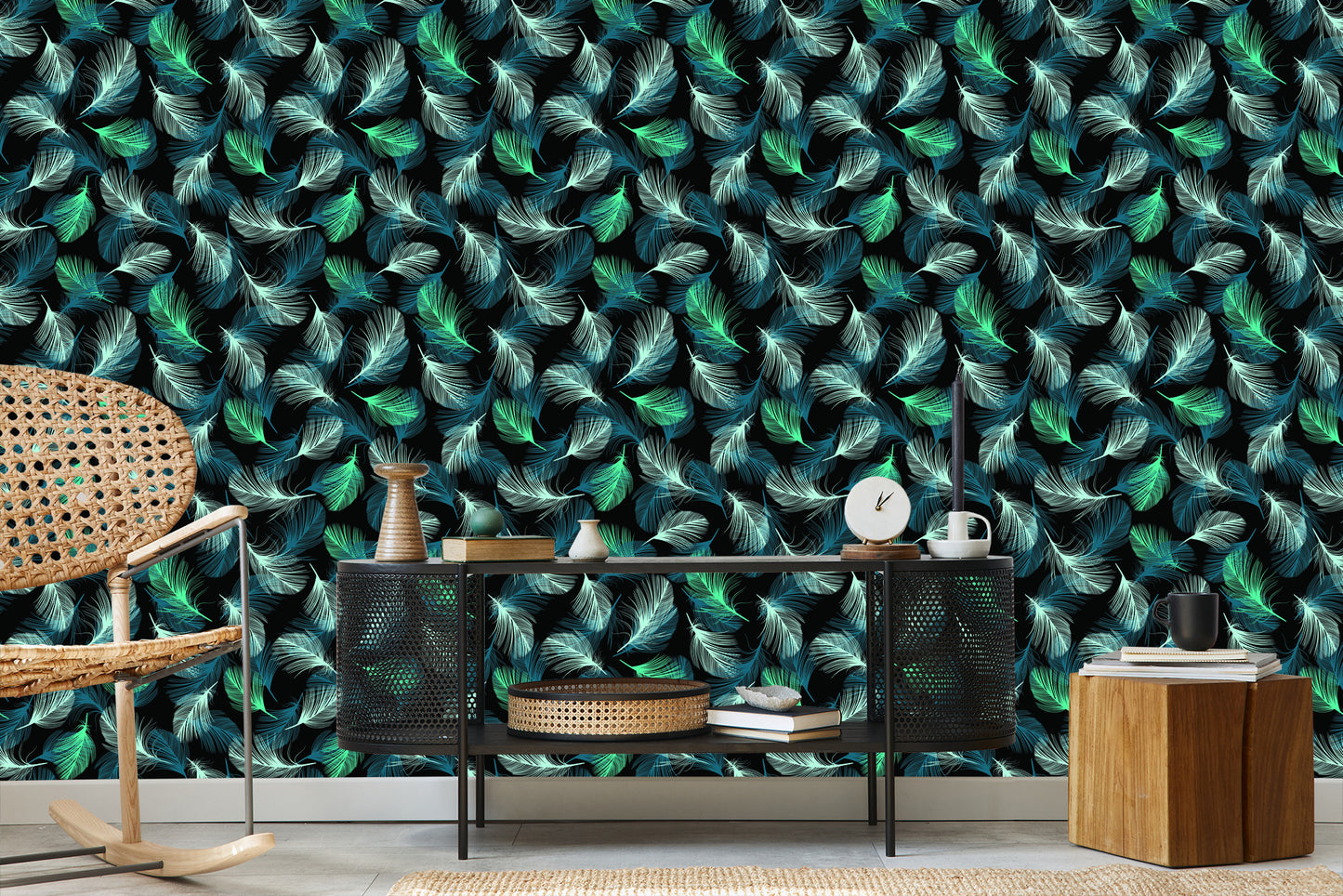 Wallpaper Turquoise Feathers On Black Background