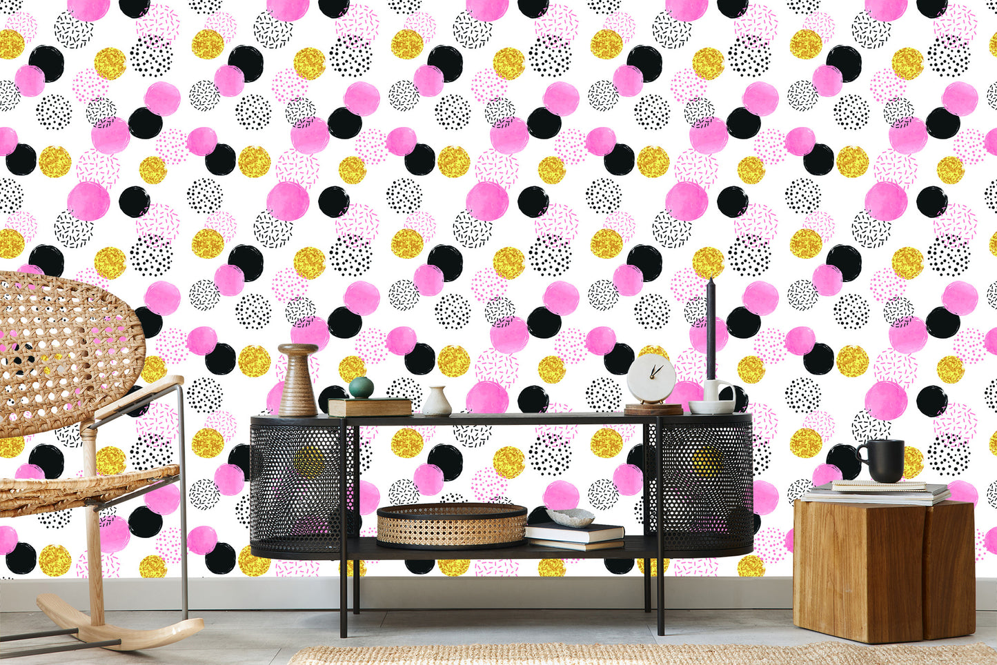 Wallpaper Black, Pink And Yellow Spots