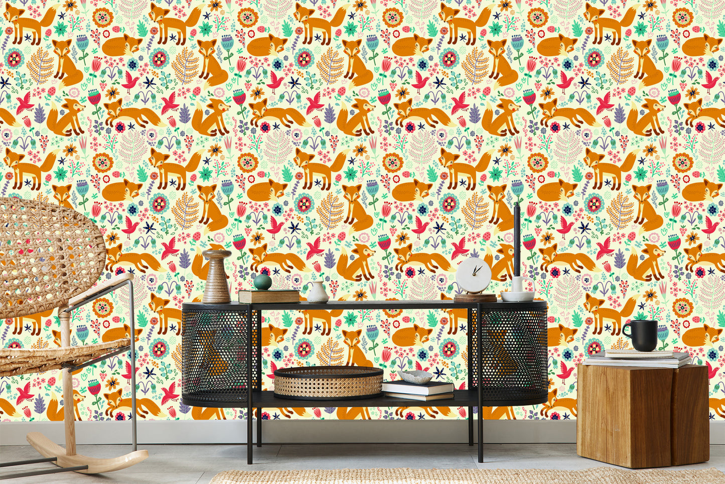 Wallpaper Foxes, Birds And Flowers