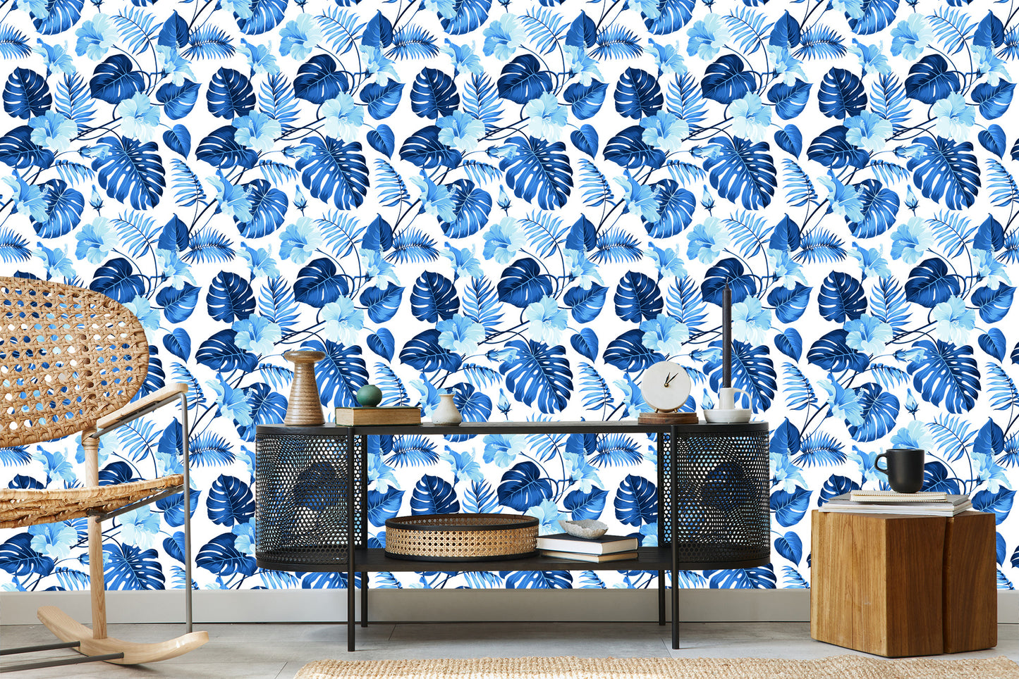 Wallpaper Blue Tropical Leaves And Flowers