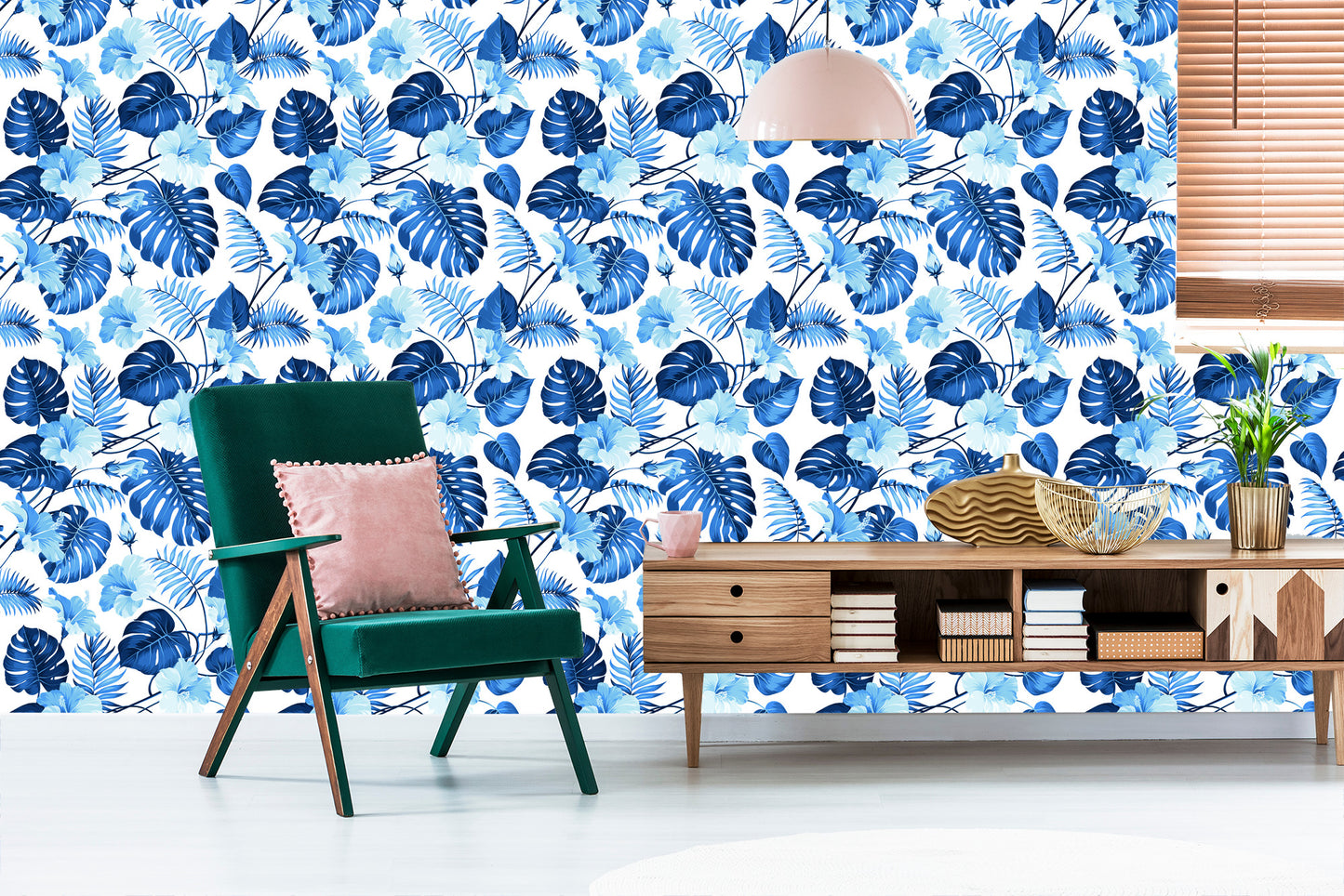 Wallpaper Blue Tropical Leaves And Flowers