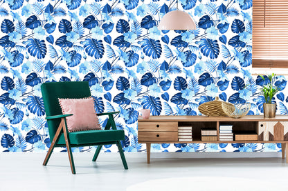 Wallpaper Blue Tropical Leaves And Flowers