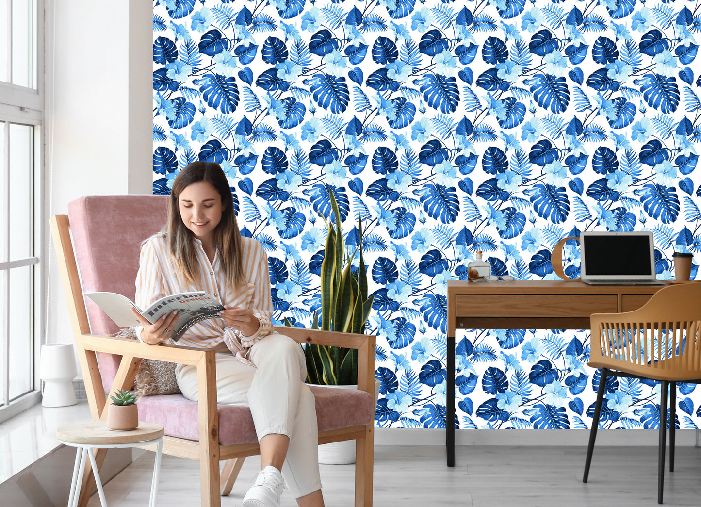 Wallpaper Blue Tropical Leaves And Flowers