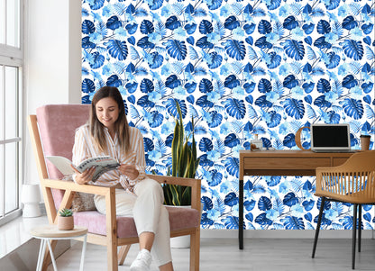 Wallpaper Blue Tropical Leaves And Flowers