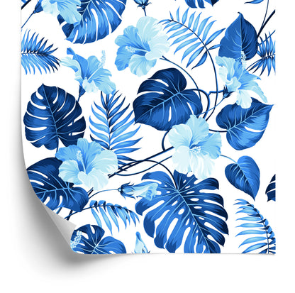 Wallpaper Blue Tropical Leaves And Flowers