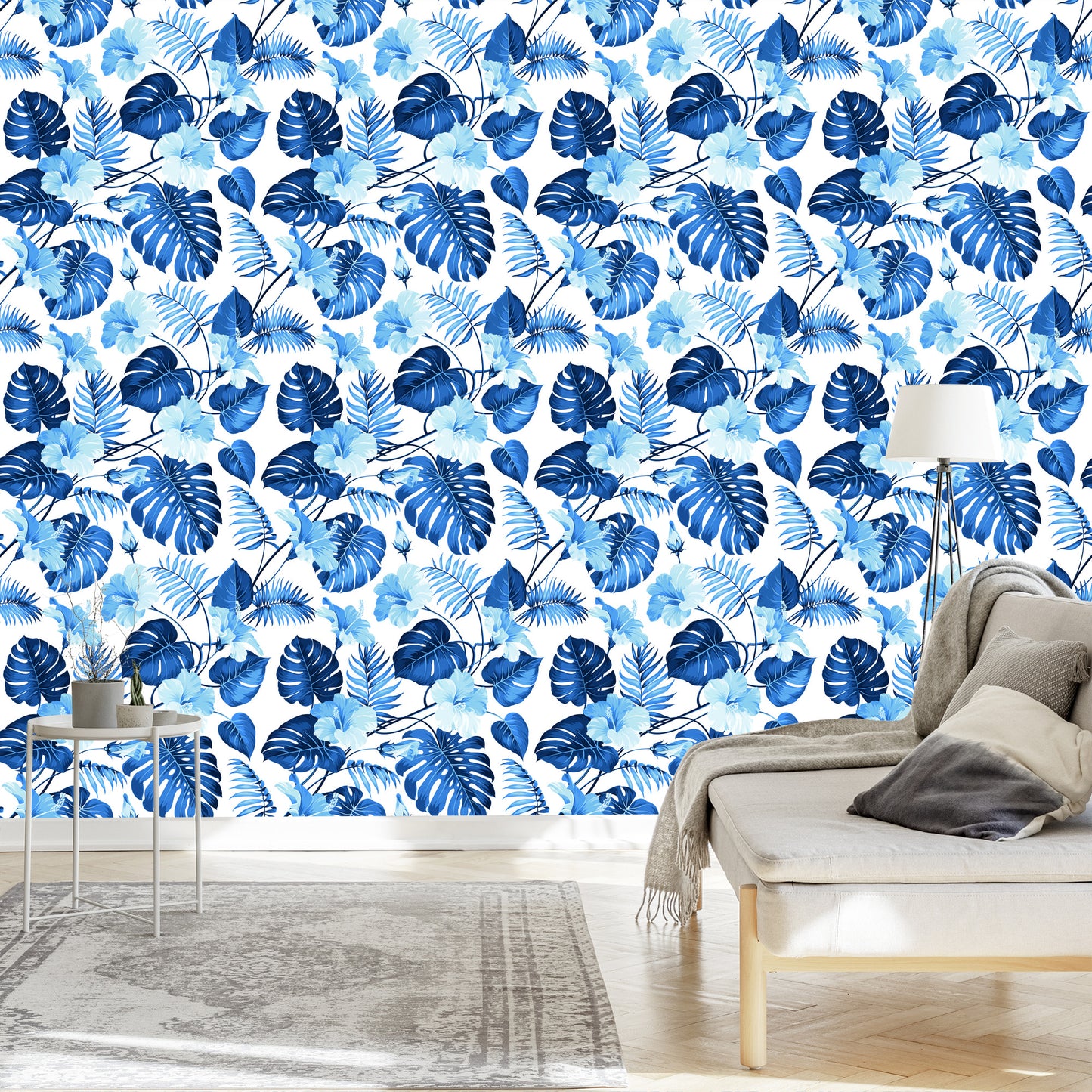 Wallpaper Blue Tropical Leaves And Flowers