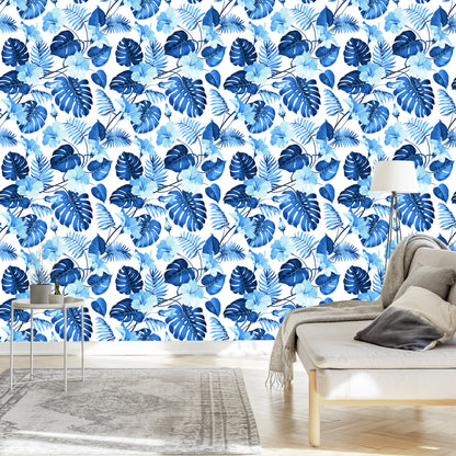 Wallpaper Blue Tropical Leaves And Flowers