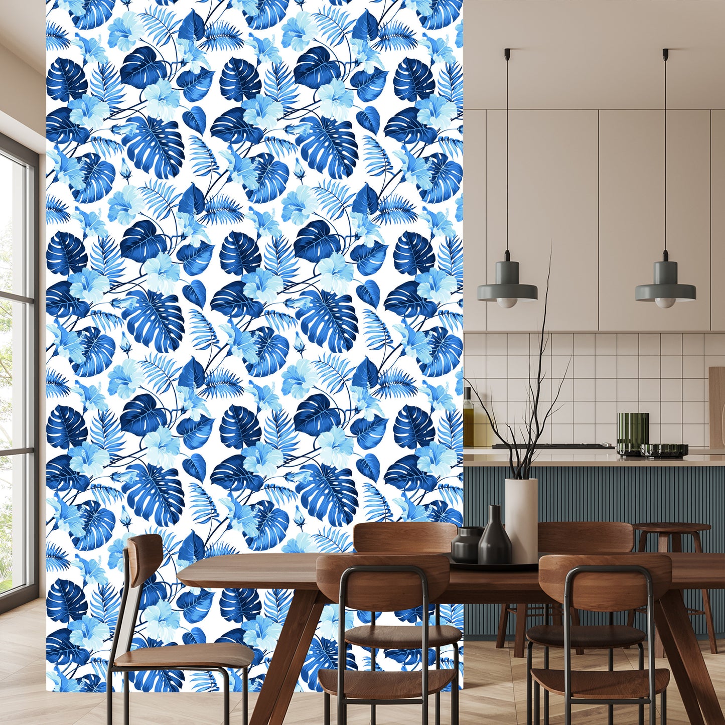 Wallpaper Blue Tropical Leaves And Flowers