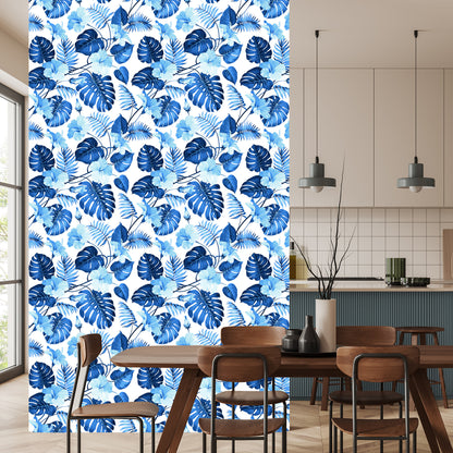 Wallpaper Blue Tropical Leaves And Flowers