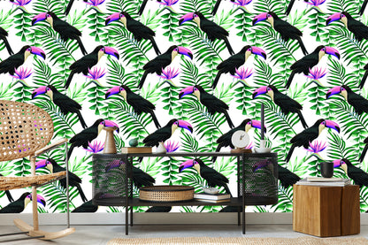 Wallpaper Toucans Surrounded By Tropical Leaves
