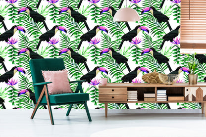 Wallpaper Toucans Surrounded By Tropical Leaves