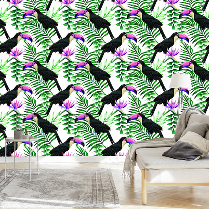 Wallpaper Toucans Surrounded By Tropical Leaves
