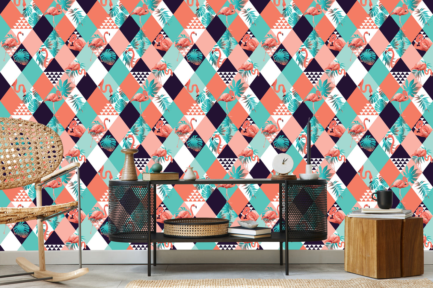 Wallpaper Flamingos And Tropical Leaves