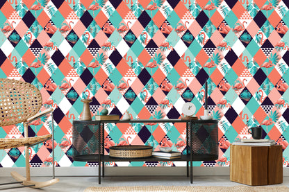 Wallpaper Flamingos And Tropical Leaves