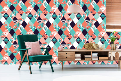 Wallpaper Flamingos And Tropical Leaves