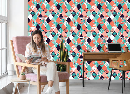 Wallpaper Flamingos And Tropical Leaves