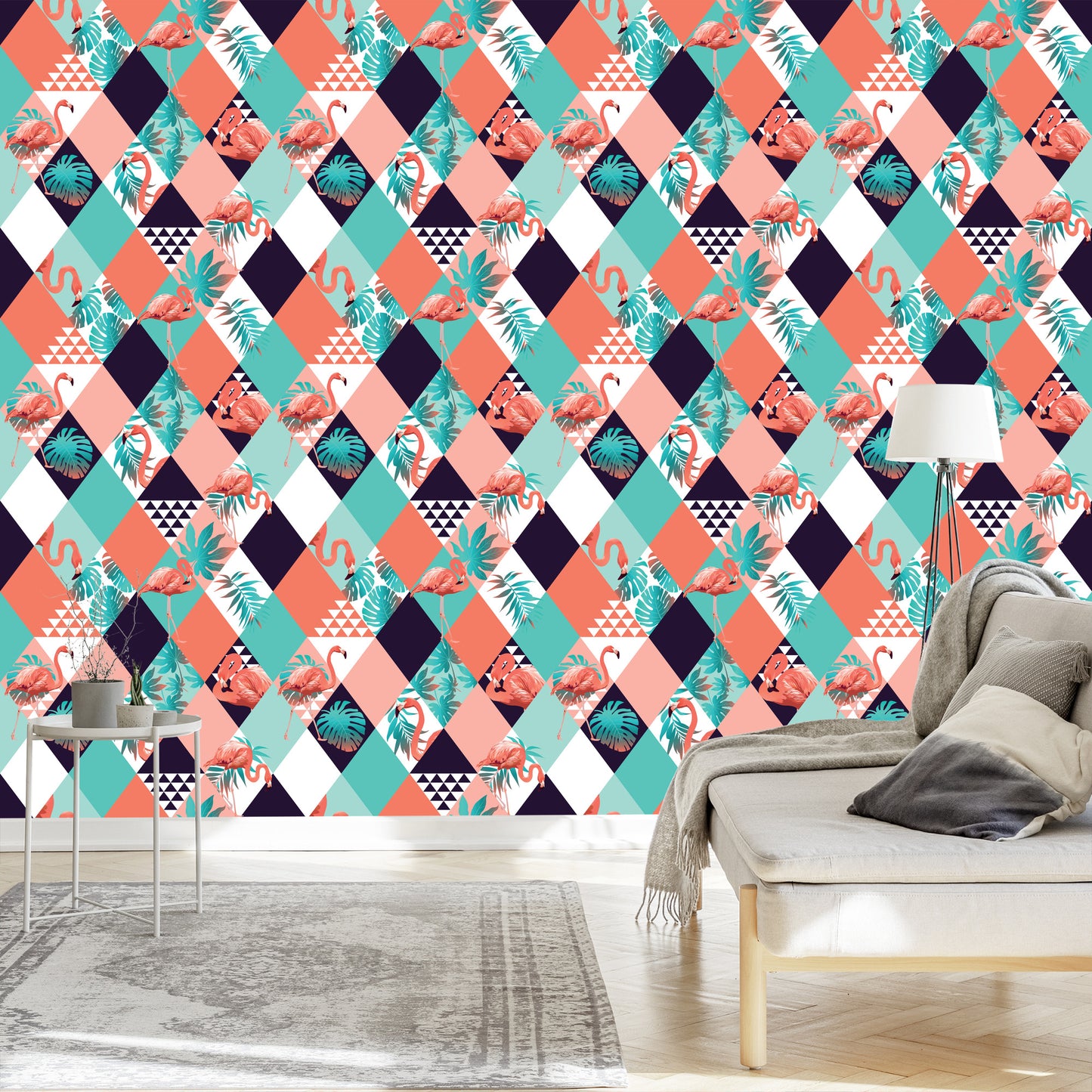 Wallpaper Flamingos And Tropical Leaves