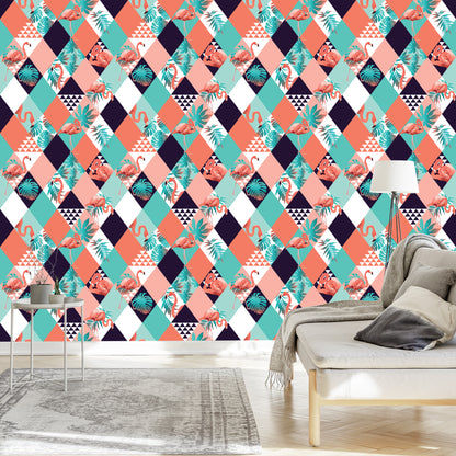 Wallpaper Flamingos And Tropical Leaves