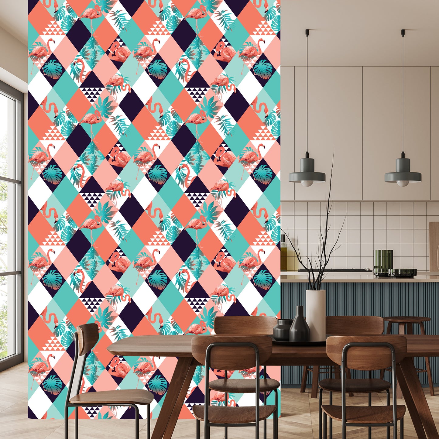 Wallpaper Flamingos And Tropical Leaves