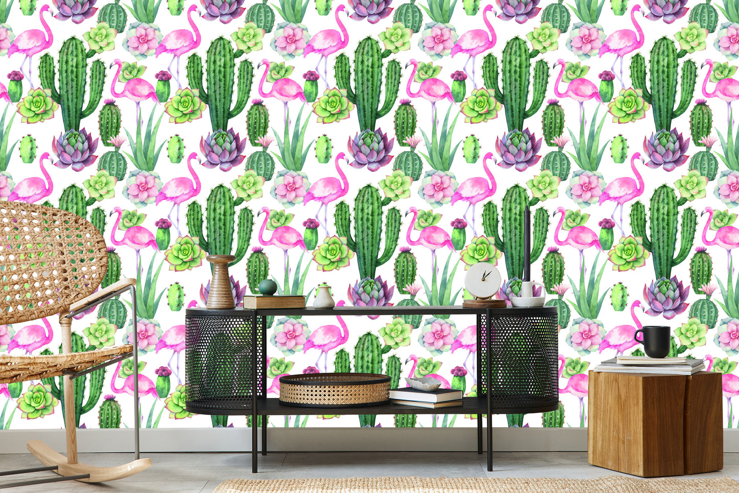 Wallpaper Tropical - Flamingos, Cacti And Succulents