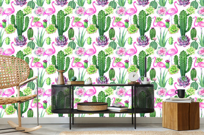 Wallpaper Tropical - Flamingos, Cacti And Succulents