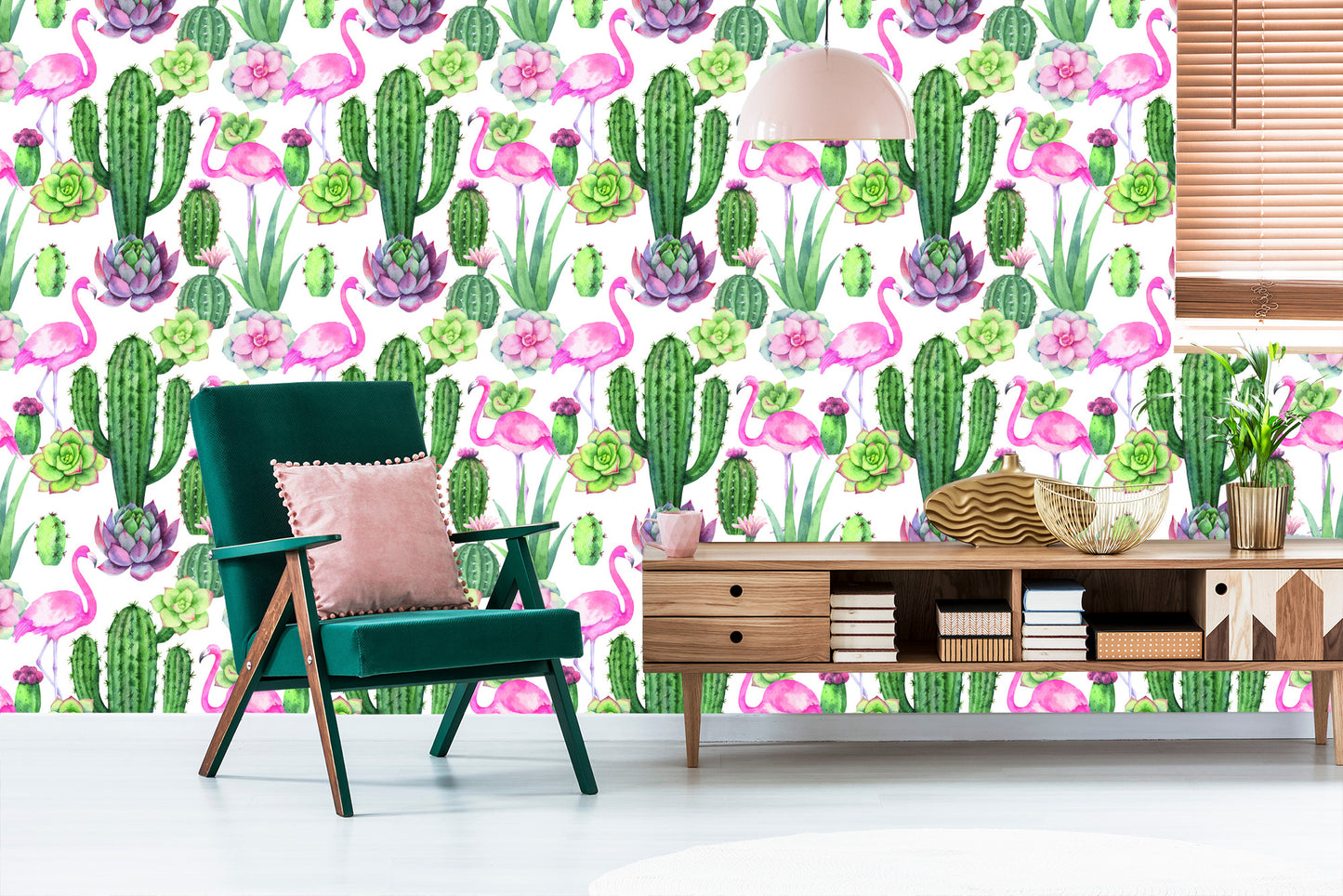 Wallpaper Tropical - Flamingos, Cacti And Succulents