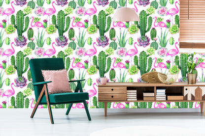 Wallpaper Tropical - Flamingos, Cacti And Succulents