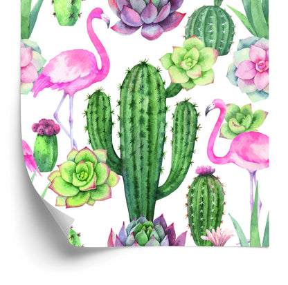 Wallpaper Tropical - Flamingos, Cacti And Succulents