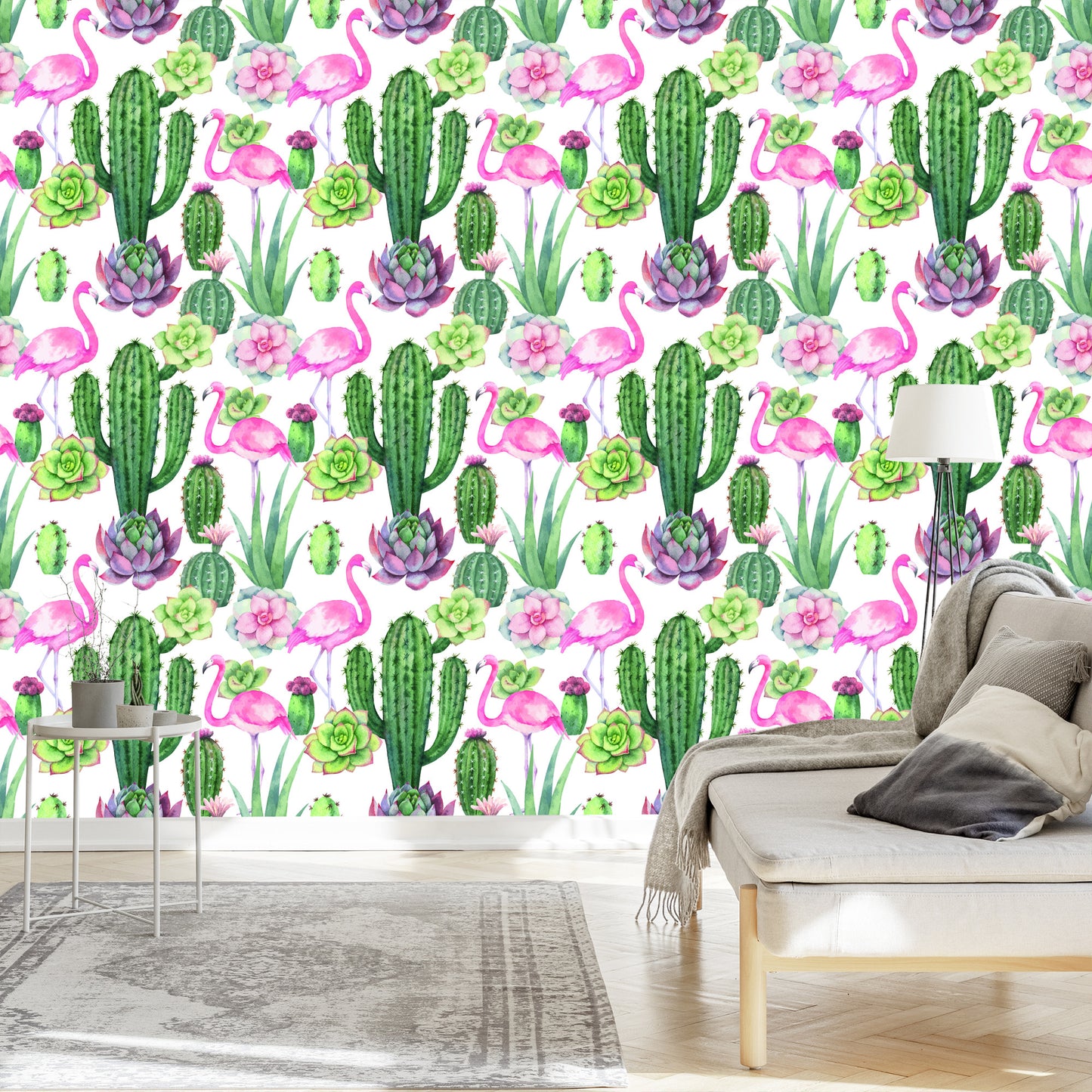 Wallpaper Tropical - Flamingos, Cacti And Succulents