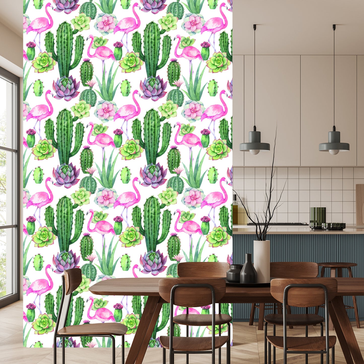 Wallpaper Tropical - Flamingos, Cacti And Succulents