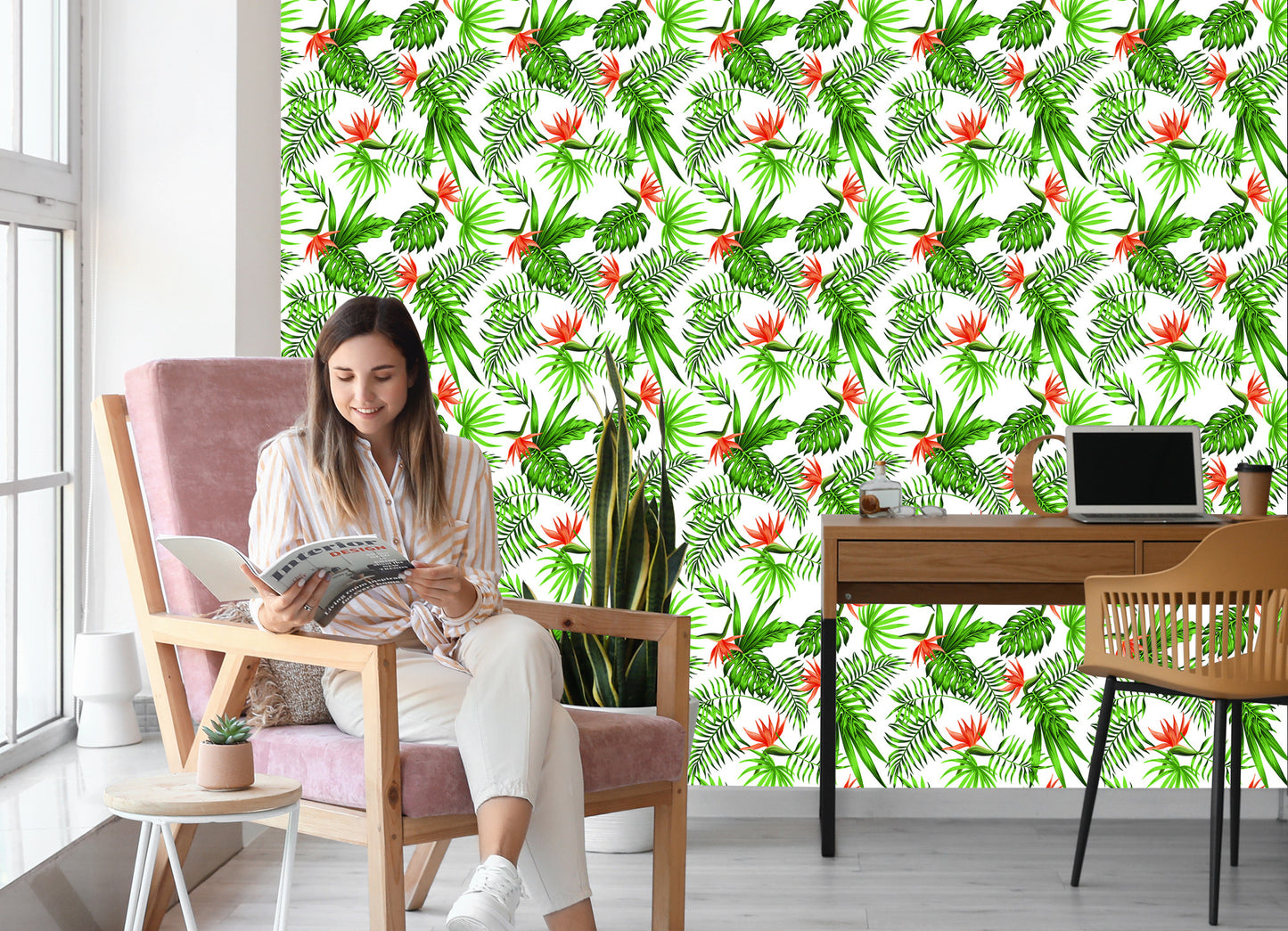 Wallpaper Stylish Tropical Leaves And Flowers
