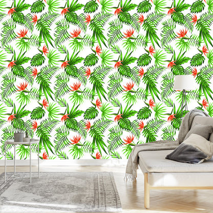 Wallpaper Stylish Tropical Leaves And Flowers