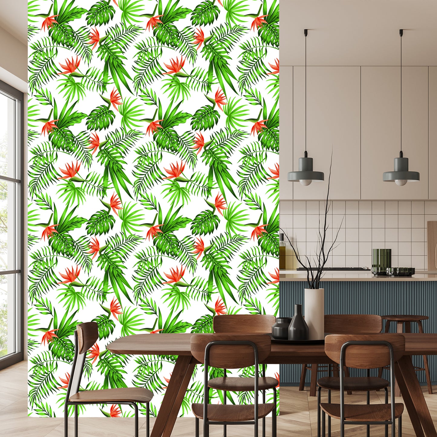 Wallpaper Stylish Tropical Leaves And Flowers