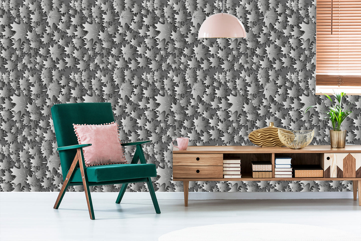 Wallpaper Leaves In Shades Of Gray 3D Effect