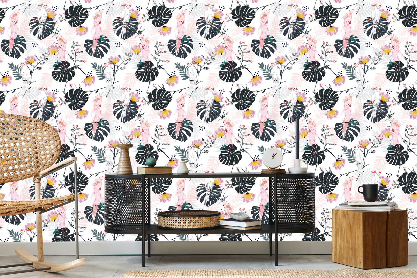 Wallpaper Parrots Tropical Leaves And Flowers