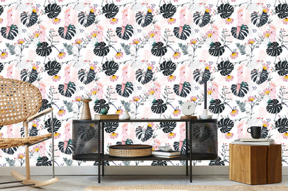 Wallpaper Parrots Tropical Leaves And Flowers