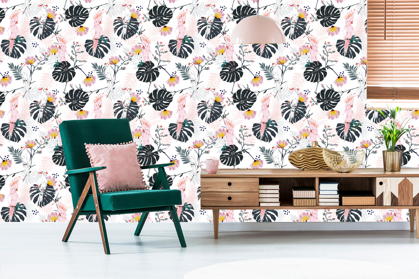 Wallpaper Parrots Tropical Leaves And Flowers